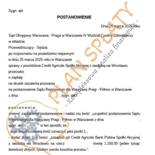 Postanowienie marzec Credit Agricole SO Warszawa