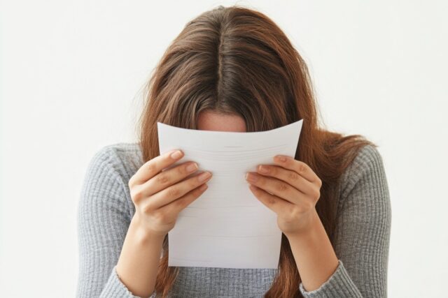 Załamana kobieta trzyma w rękach kartkę papieru na którą się pochyla i chowa w niej twarz. Wygląda na pogrążoną w rozpaczy nad tym, co znajduje się na karce papieru.