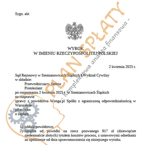 Wyrok kwiecień Wonga SR Siemianowice