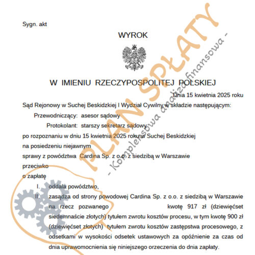 Wyrok kwiecien Cardina SR Sucha Beskidzka-