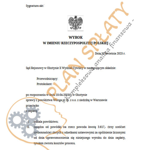 Wyrok kwiecien Wonga SR Olsztyn