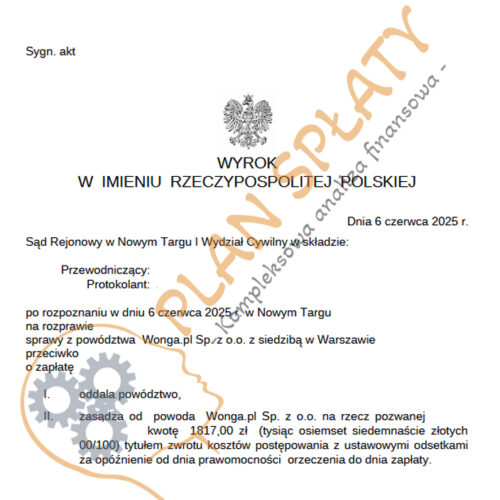 wyrok czerwiec Wonga SR Nowy Targ