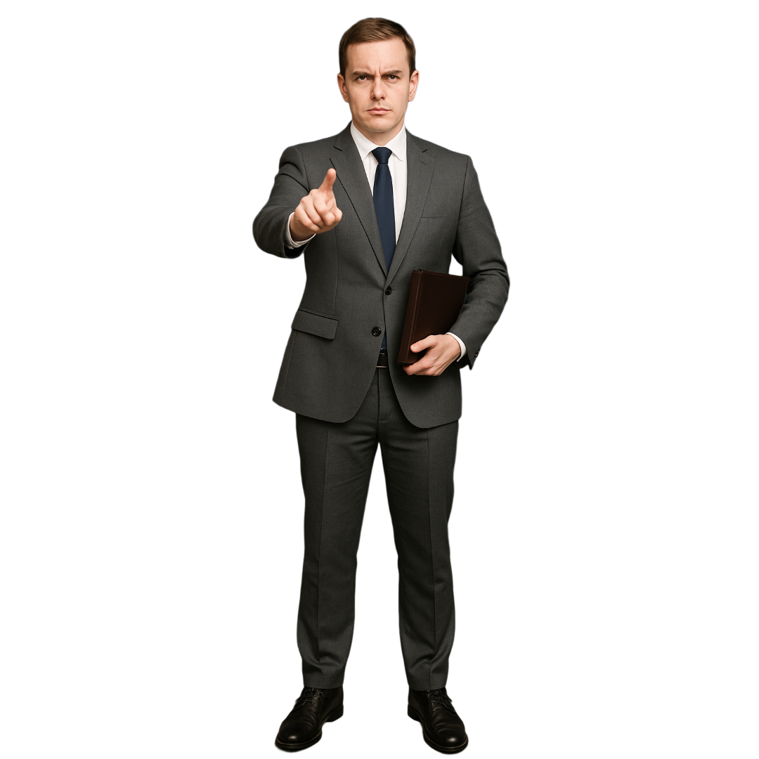 Prawnik wskazujący na sprzeciw. Mężczyzna w średnim wieku w ciemnym garniturze, białej koszuli i granatowym krawacie. Grafika wygenerowana z AI.