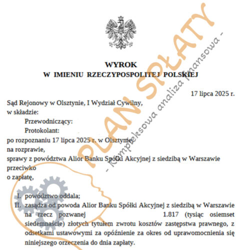 wyrok lipiec Alior Bank SR Olsztyn