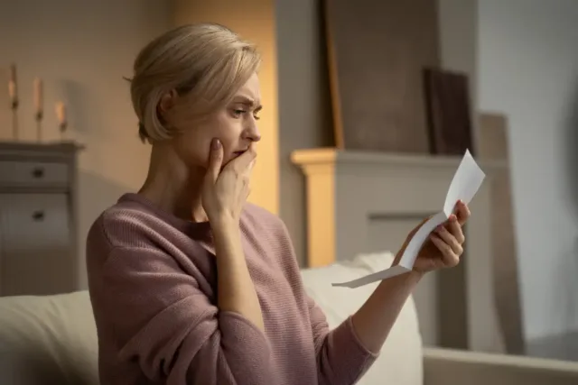 Starsza kobieta trzyma w ręce kartkę. Odczytuje z niej informacje, który wyraźnie wprawiają ją w zaniepokojenie.